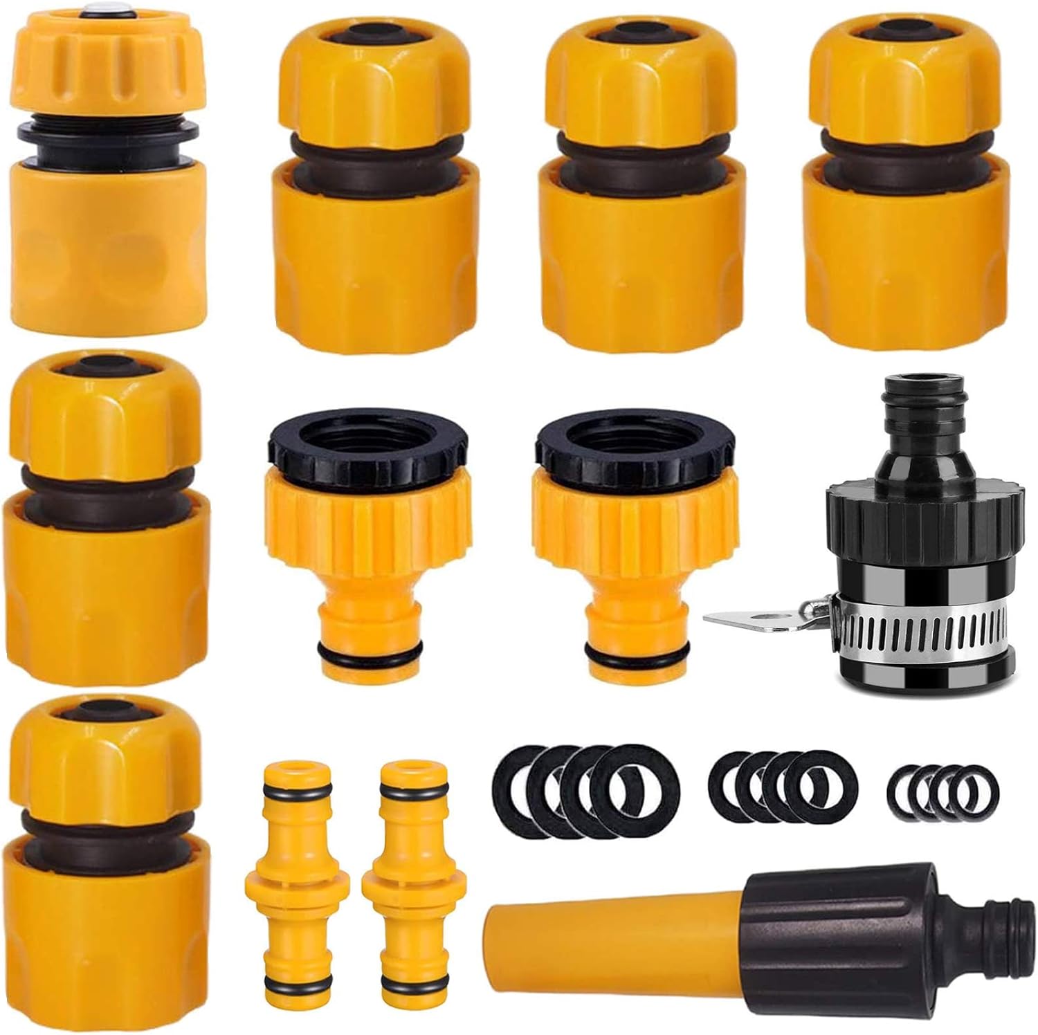 Hose Connector Garden Hose Fitting Set.1Nozzle,5 Hose End Quick Connector,1Hose Waterstop Accessory,2 Double Male Snap Connector,2 HosePipe Tap Fitting 1/2 Inch and3/4 Inch Size 2-in-1etc