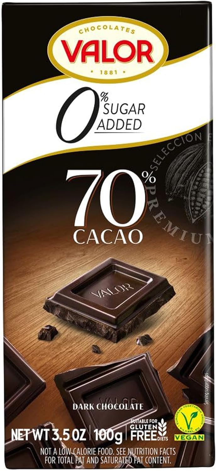 Valor Sugar Free Dark Chocolate Bar - Dark Diabetic Chocolate - Smooth Sugar free made with 70% Cacao, Sweetened with Stevia, Gluten Free, Vegan, by Master Chocolatiers, 100g Bar