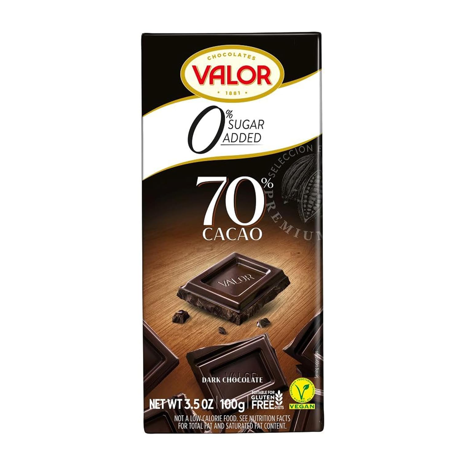 Valor. 70% Cocoa Dark Chocolate. No sugar added. 100g (3.53oz)