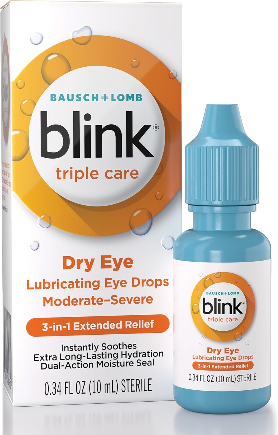 Blink Triple Care Eye Drops for Dry Eyes, Lubricant Eye Drops, Soothing for Moderate to Severe Dry Eyes, with Hyaluronate, Reduces Discomfort, Long-Lasting Hydration, 0.34 Fl Oz
