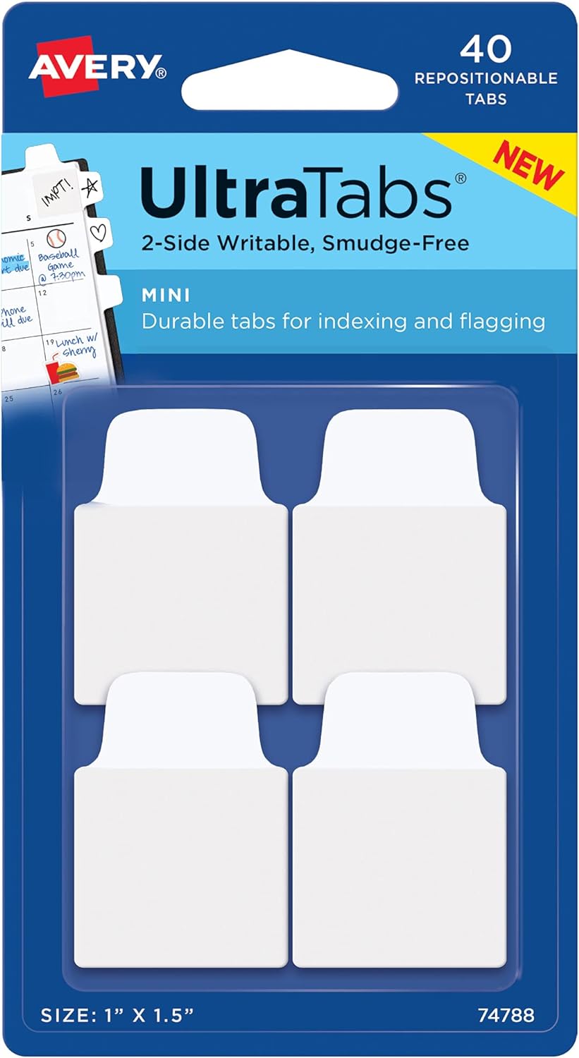 Avery Mini Ultra Tabs, 1" x 1.5", 2-Side Writable, White, 40 Repositionable Tabs (74788)