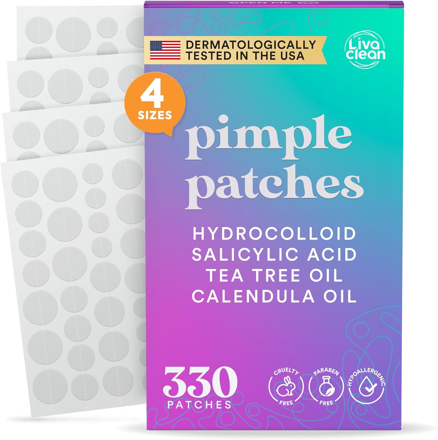330 CT Pimple Patches - Spot Patches w/Tea Tree Oil & Calendula Oil - Four Sizes - Pimple Patch, Hydrocolloid Acne Patch, Dots for Spots - Spot Stickers for Face by LivaClean