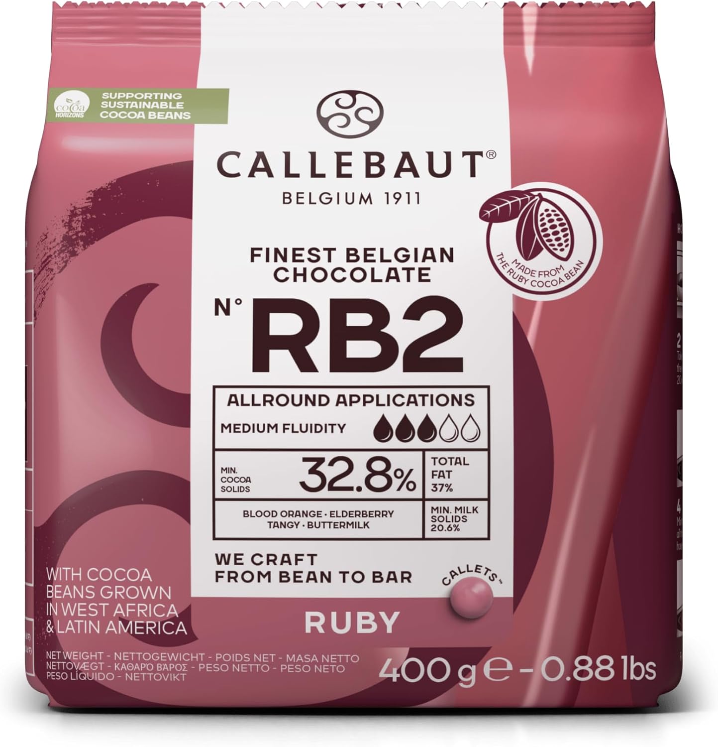 Callebaut Ruby Chocolate Callets RB2 400g | Intense Fruity Pink Chocolate | 32.8% Cocoa