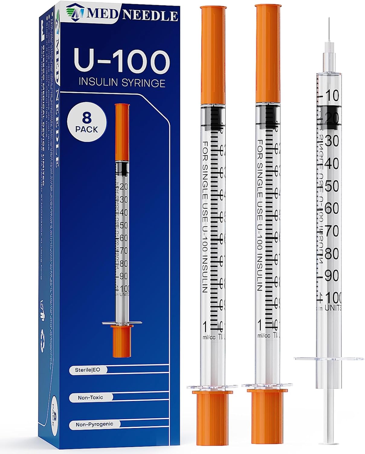 Insulin Syringe U-100 | 1ml/cc with 29G 5/16'' (8mm) Needle, 8 Pack Individual Packaging