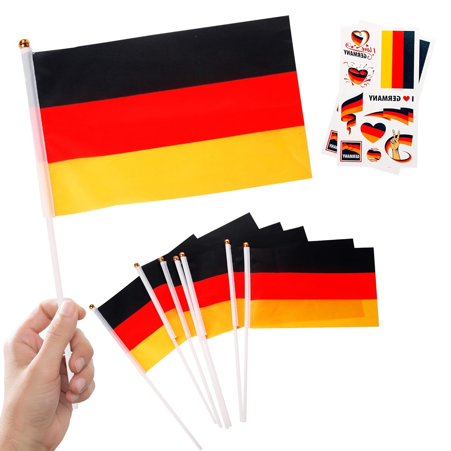 10pcs Small Germany Flags on Sticks & 2pcs Tattoos, Mini German Flags for Oly Games 2024, Football Sports Events, National Day Party Decorations
