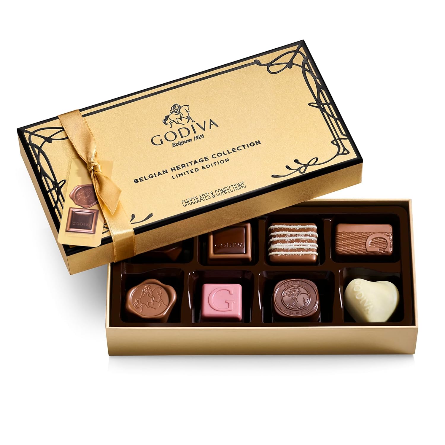 Godiva Chocolatier Heritage Collection – 8-Piece Assorted Belgian Chocolate Gift Box – Dark, Milk and White Gourmet Chocolates with All-Natural, GMO-Free Ingredients – Elegant Gold Box Ideal for Gifting