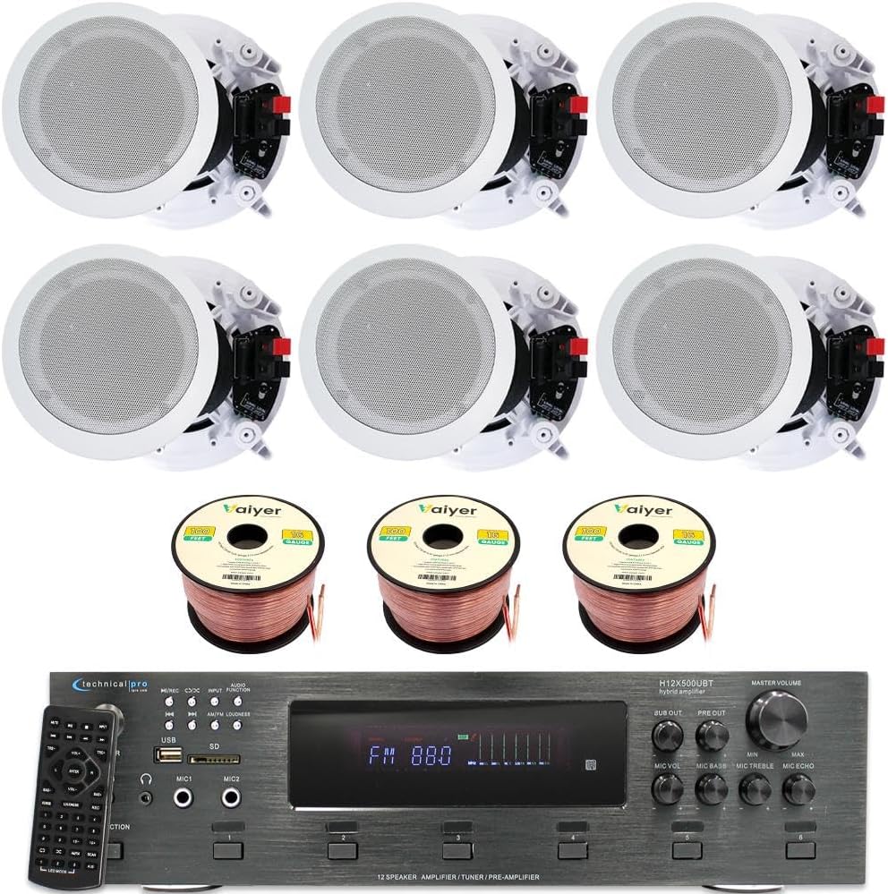 Home Stereo System Kit - 6 Channel 6000 Watts Bluetooth Amplifier w/ 6 Qty of 8” Framed Ceiling Speakers 300 W Each, 300 ft Speaker Wire & Remote for Living Room, Office, Bar by Technical Pro