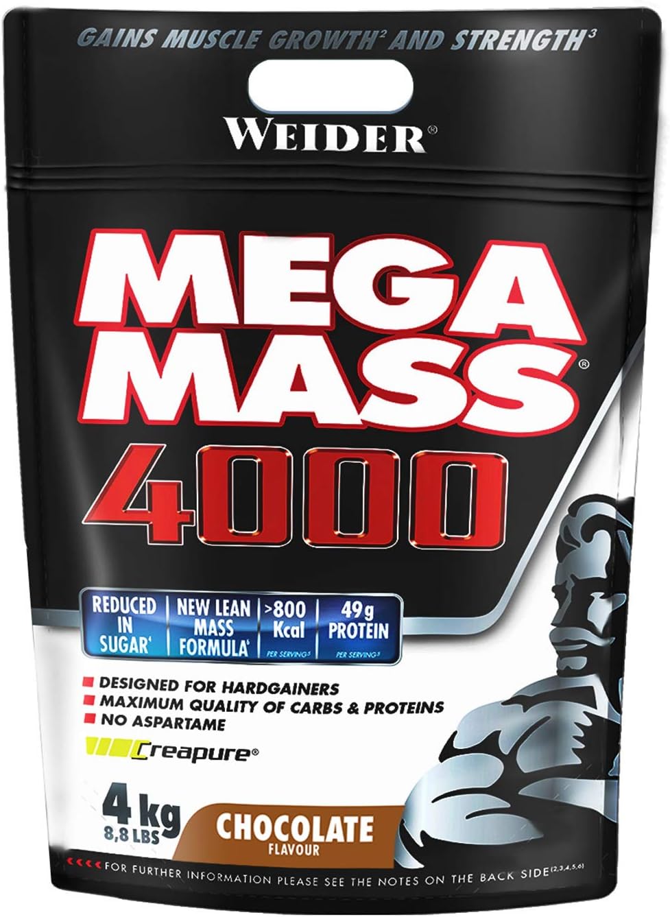 Weider Mega Mass 4000 (4kg) Chocolate Flavour, Mass Gainer with High Content of Complex Carbohydrate Blend, for Energy and Muscle Mass