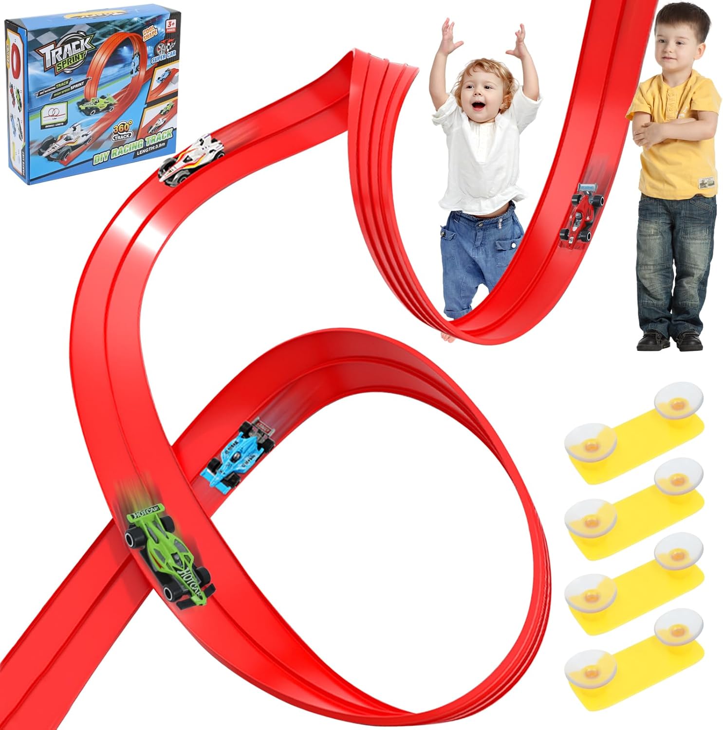 XIAPIA Car Track 4m, Flexible Toy Car Race Track Fits Hot Wheels and Diecast Cars, Flexible for Loops, Jumps, Ramps, Classic Long Roll Up Race Track with 4 Cars and 12 Suckers, Gifts for Kids Toddlers