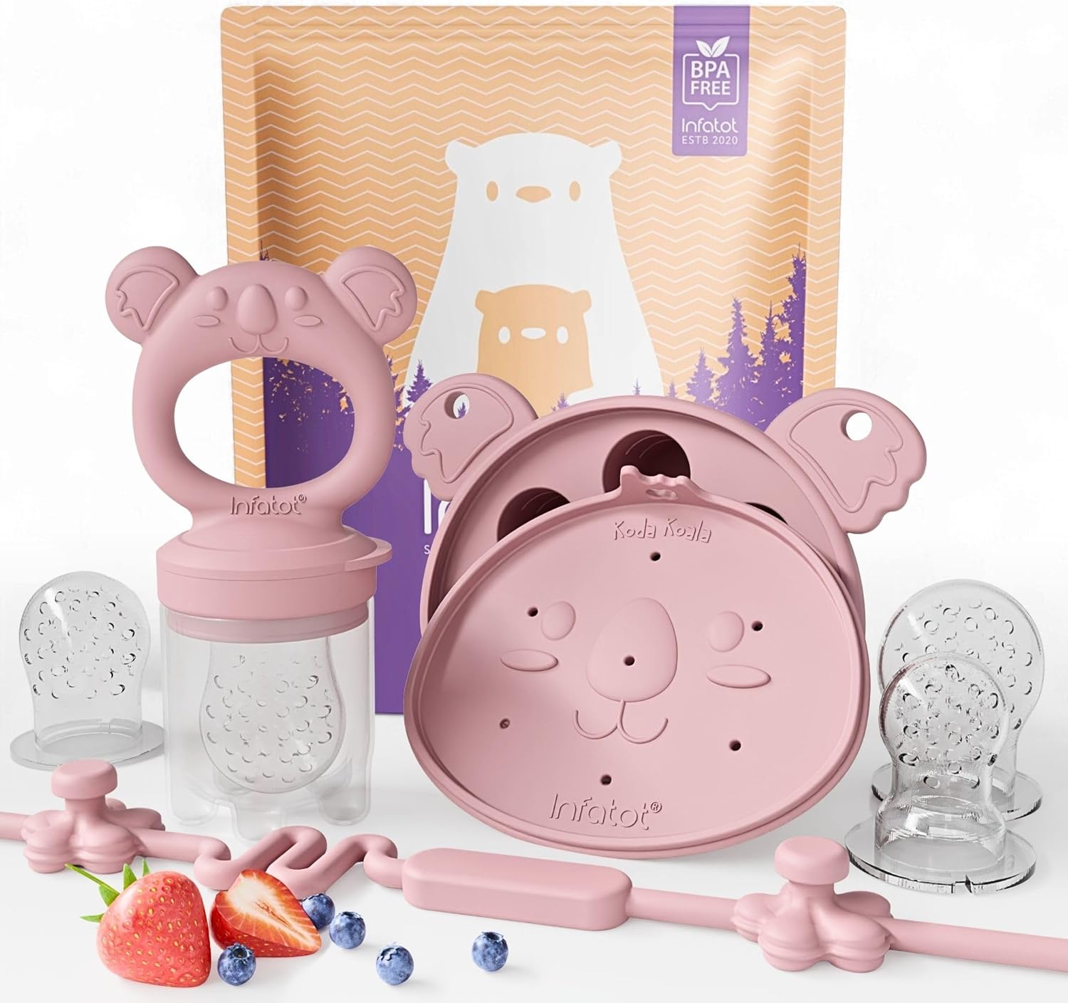 Infatot® Baby Fruit Feeder & Freezer Tray Set, Silicone Teether Pacifier with Clip, Weaning Teething Toy, Infant Self Feeding Aid, BPA-Free Baby Essentials for Introducing Solids - Plum