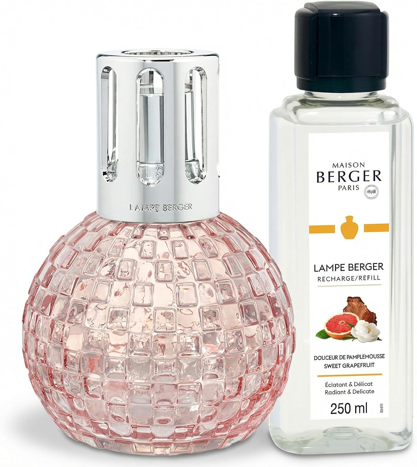 MAISON BERGER – Disco Lamp Gift Set – Checkerboard Round Catalytic Home Fragrance Diffuser with 250 mL / 8.45 fl oz Refill – Odor Neutralizing Lamp – Made in France (Pink - Sweet Grapefruit)