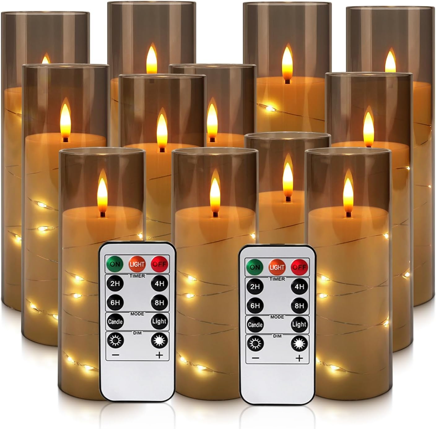 LIVEN Flickering Flameless Candles Battery Operated with Remote,Led Pillar Candles with Realistic Moving Wick Candles for Halloween,Christmas,Home Decor Pack of 12 (D2.2 xH 5" 6" 7")(Grey)