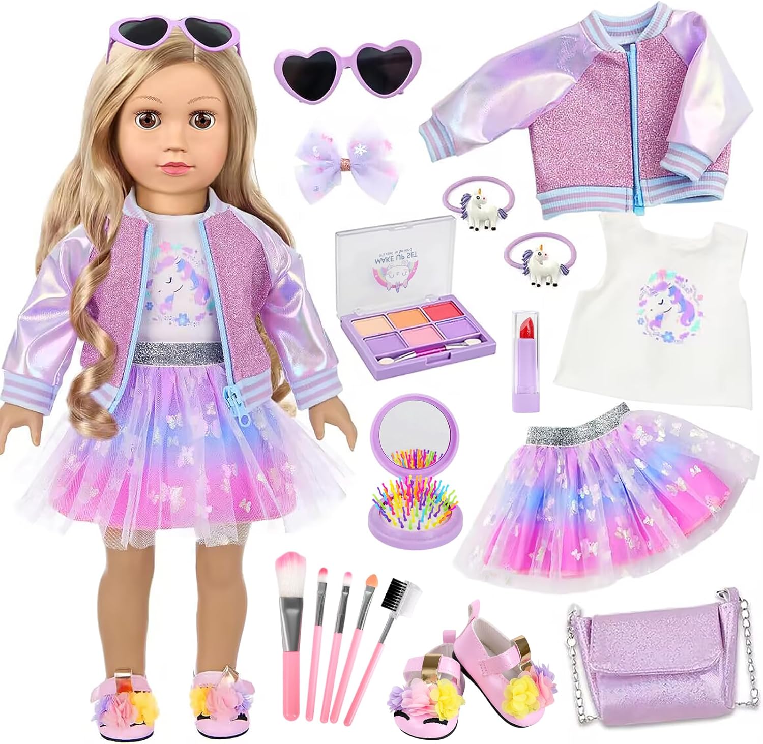 American 18 Inch Doll Makeup Accessories and Clothes Set Includes 18 Inch Doll Clothes and Shoes Bag Makeup Brush Set Foldable Haircomb Eyeshadow Lipstick Bow Hair Clip Sunglasses Hair Rope（No Dolls）