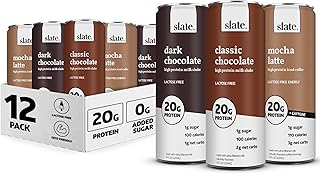 Slate Milk - High Protein Milk Shake - Chocolate Variety Pack - Chocolate, Dark Chocolate, Mocha Latte - Lactose Free, 20g Protein, 1g Sugar, 100-110 Calories, 1-3g Net Carbs - 11 fl oz, 12 Cans