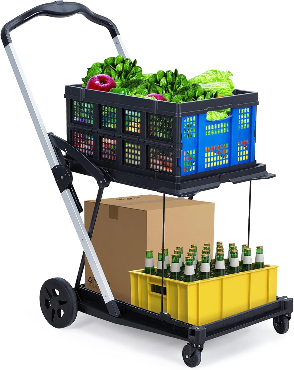 Collapsible Shopping Cart, Foldable Grocery Cart with Wheels and Removable Storage Crate, 2-Tier Portable Utility Cart for Home, Groceries, Supermarket