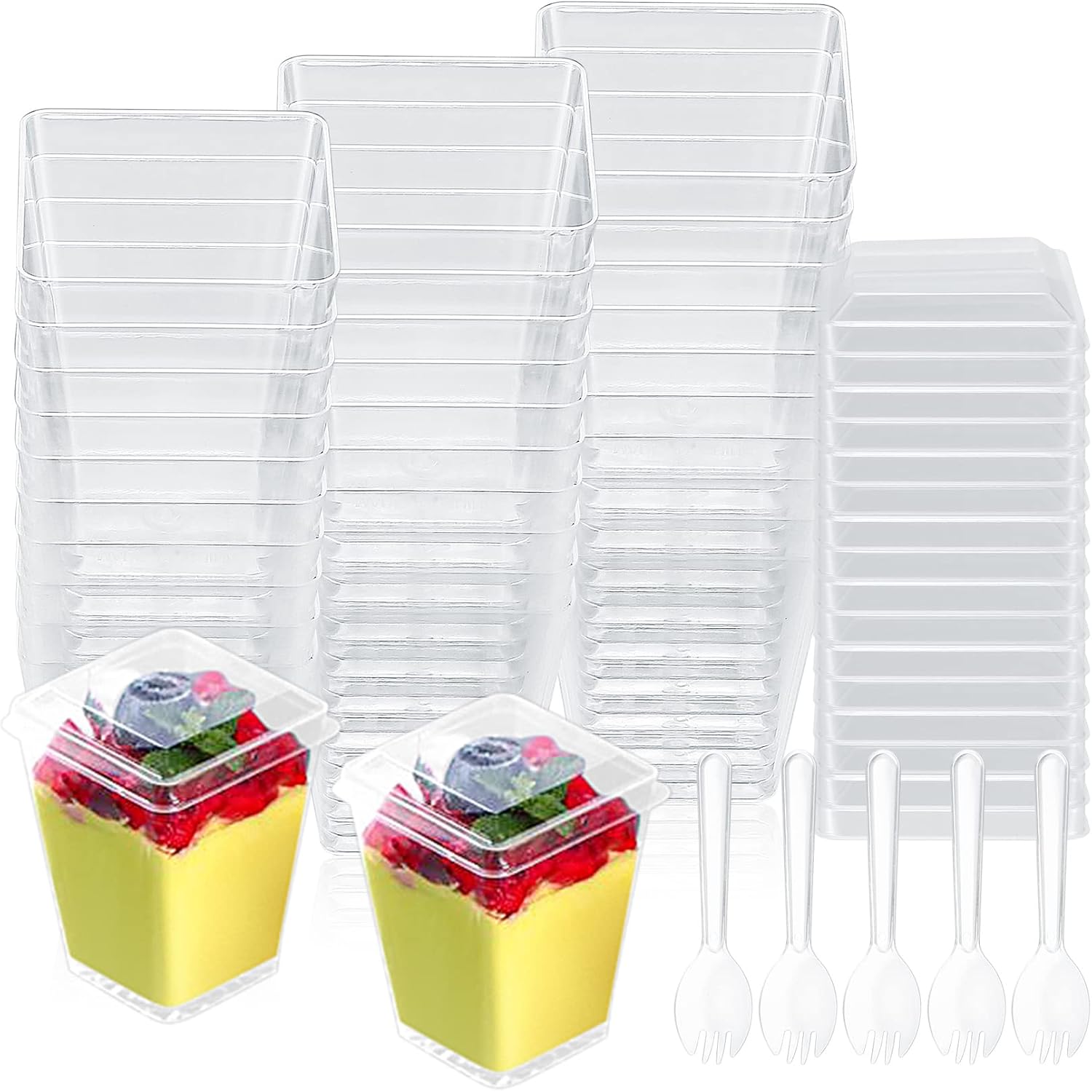 Yibaijia 50 Pcs Dessert Cups, Dessert Bowls, Reusable Plastic Square Cheesecake Pots, 160 ml/5.4 oz Clear Appetizers Serving Bowl for Dessert Pudding Trifles Party, with 50 x Spoon, 50 x Lids