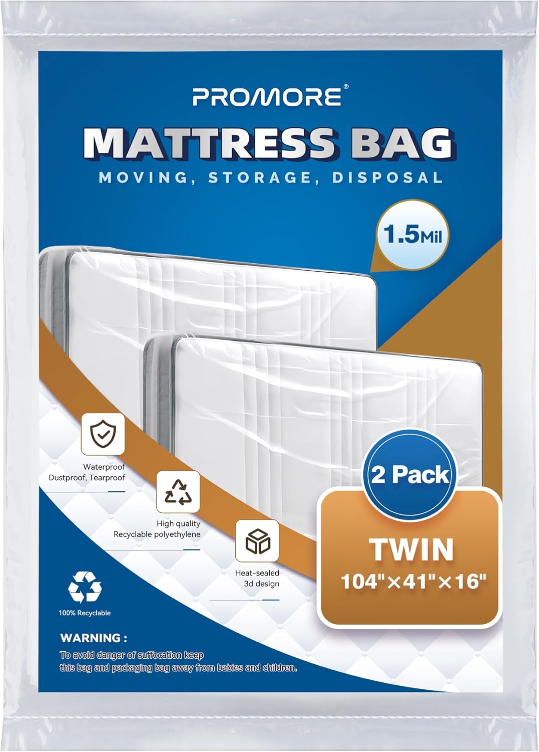 PROMORE Single Size Mattress Cover for Moving, Storage-2Pack-Mattress Bags for Moving and Transport, Mattress Protector Storage Bag - Strong, Reusable, Tearproof, Waterproof, Anti-dust