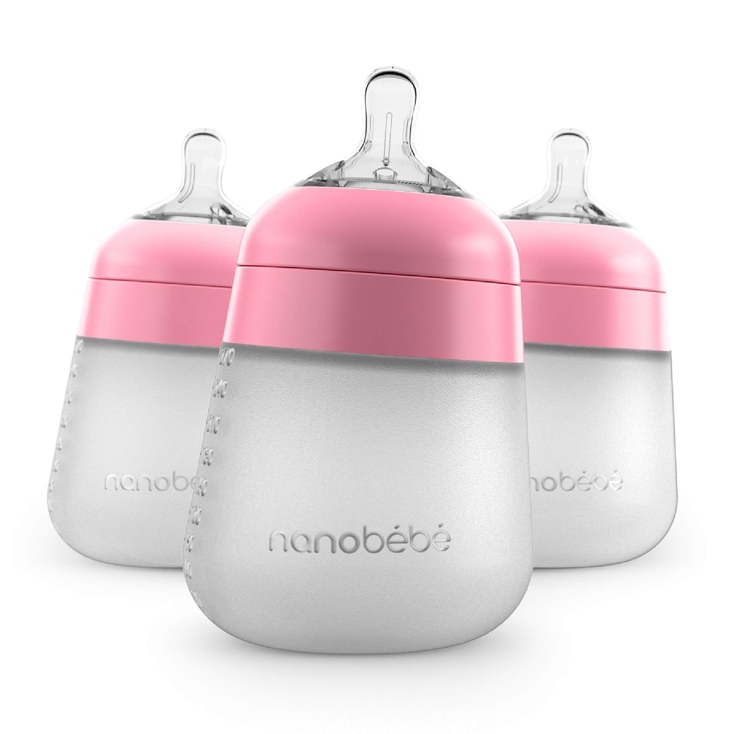 Nanobebe Flexy Silicone Baby Bottle, Anti-Colic, Natural Feel, Non-Collapsing Nipple, Non-Tip Stable Base, Easy to Clean, 3-Pack, Pink, 9oz