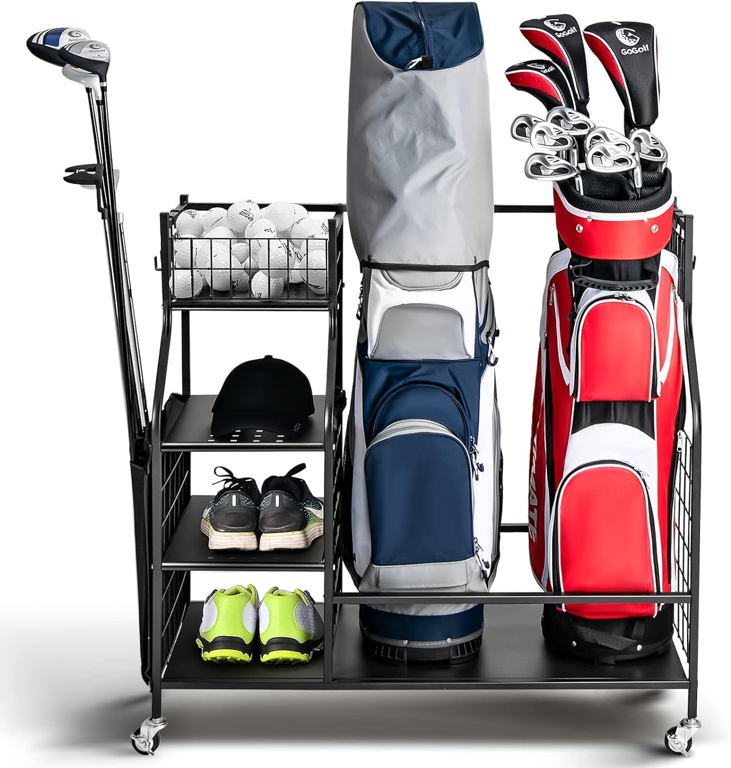 GYMAX Golf Storage Rack, Extra Large Golf Bag Stand Storage Rack with Lockable Universal Wheels and Removable Hooks, All-in-1 Golf Garage Organizer for Golf Clubs