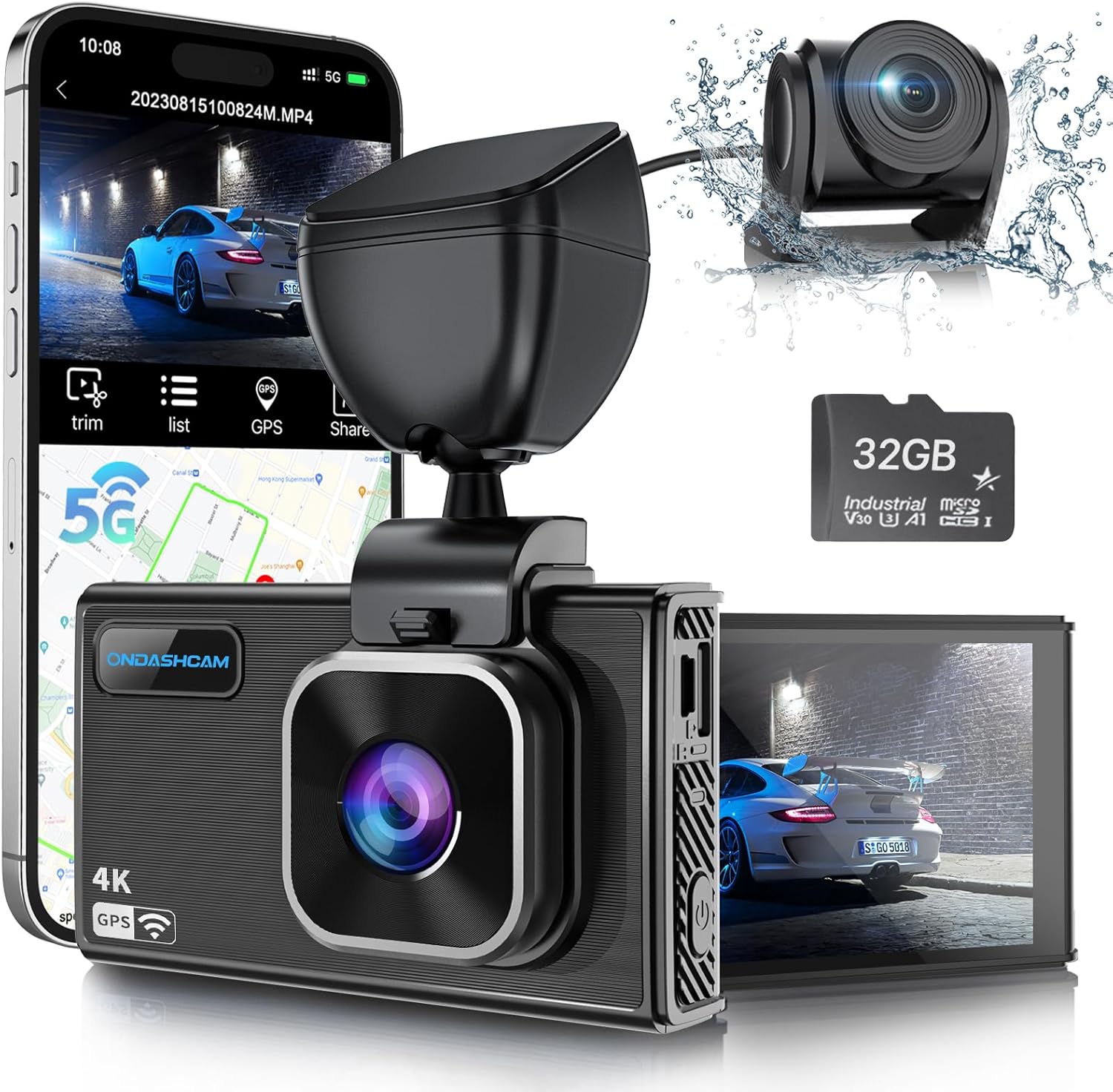 ONDASHCAM Dash Cam 4K, Dash Cam Front and Rear, Car Camera Dash Camera with Super Night Vision, G-Sensor, 24H Parking Monitor Dashcam, 3.5" Screen, Support 512GB Max, 170° Angle, WDR, 5G WiFi, GPS