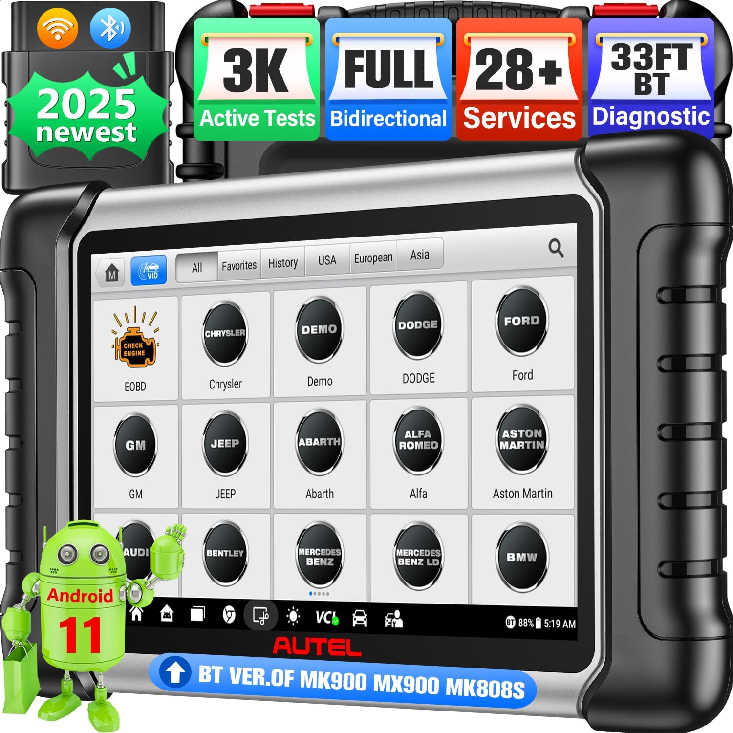 Autel Scanner MaxiCOM MK808BT PRO: 2025 Bidirectional Scan Tool Work as MK900BT, 33FT BT 2.0 Ver. of MK900 MX900 MK808S MaxiCheck MX808S MK808Z, 3K+ Active Tests, 28+ Services, OE Full Sys, OS 11, FCA