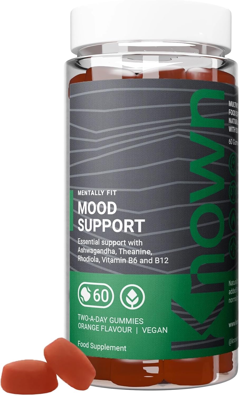 Known Mood Support Gummies - Ashwagandha, Vitamin B Complex - Cognitive Function & Energy - Natural Orange Flavour - 60 Vegan Gummies, 1 Month Supply