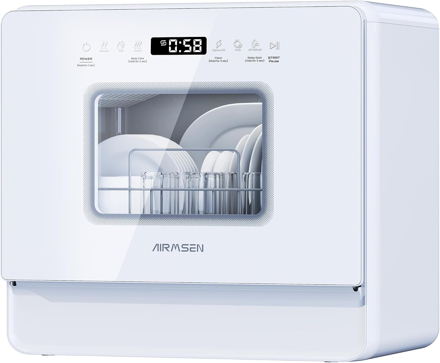 AIRMSEN 2025 NEW Upgraded Table Top Dishwasher with Soft Water Salt Function, Portable Countertop Dishwasher with 9 Programs & 5L Tank, 2-12H Delay Start & 360° Triple Spray Arms, White