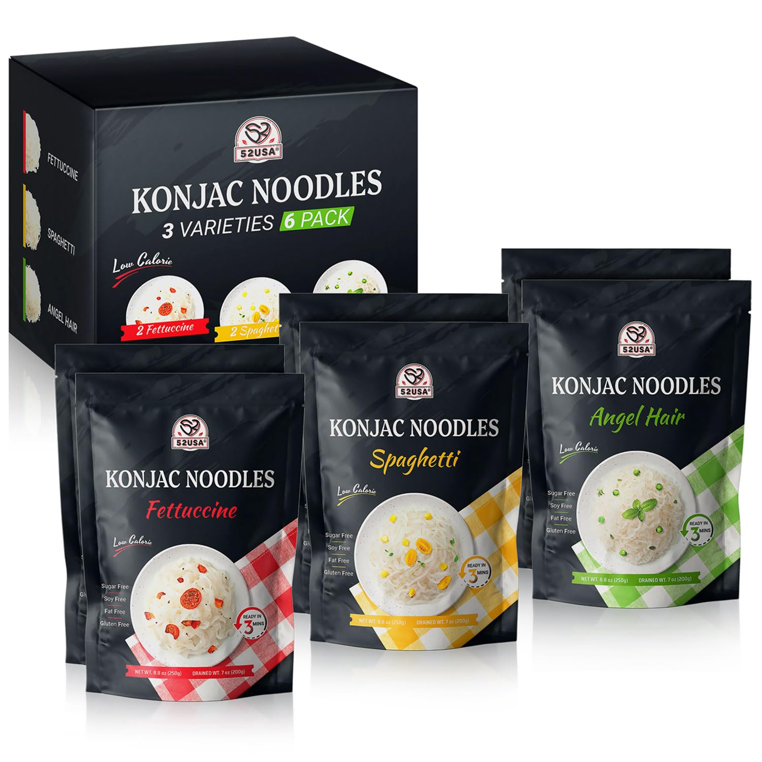 52USA Konjac Shirataki Noodle, Low Carb Pasta 52.8 Oz (1500 g), Keto and Paleo Friendly, Low Calorie, Sugar Free, Vegan, Ready to Eat, Gluten Free, Angel Hair, Fettuccine, Spaghetti Noodles (3 Variety - 6 Pack Inside)