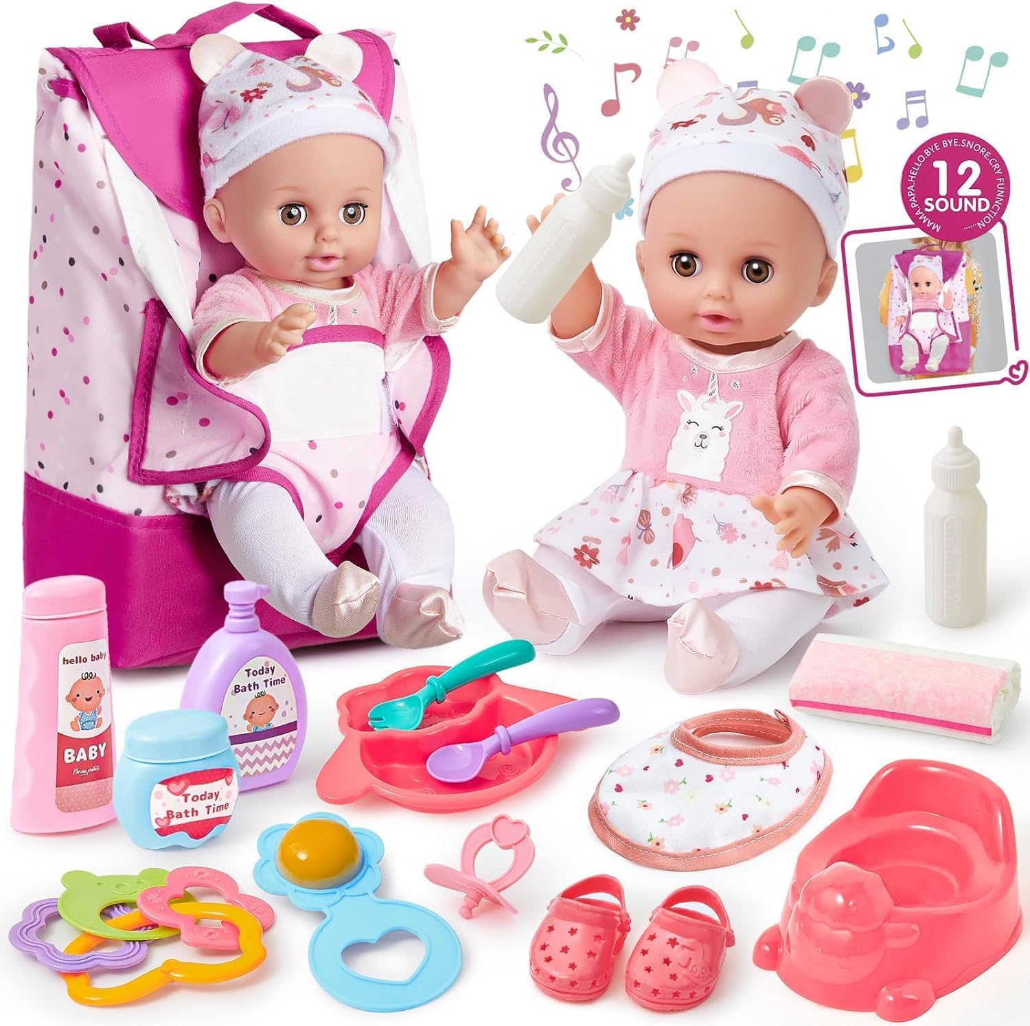 G.C Baby Doll Accessories Girls Toys Gifts, Baby Doll with 12 Sound & Backpack & Baby Cloth & Doll Accessories Bath Feeding Set, Bibi Doll Accessories Role Play Toys Gift for 3 4 5 6 Year Old Girl
