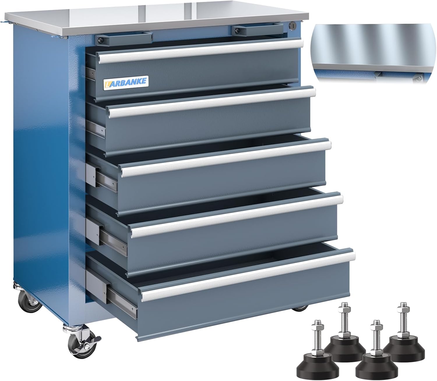 LARBANKE 5-Drawer Rolling Tool Chest, Tool Chest with Wheels and Foot Pads,Tool Cabinet with Safety Locking System and Stainless Steel Top, Comibined A Large Workstation Through Connection Buckles