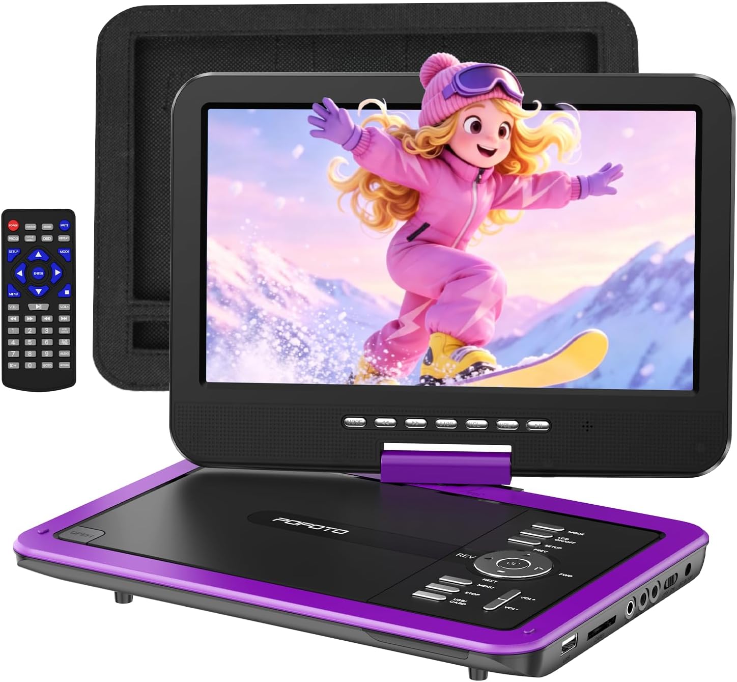 POFOTO 12.5" Portable DVD Player with 10.5" HD Swivel Screen, 6-Hour Battery Life, Car DVD Player with Dual Speakers, Supports CD/DVD/USB/SD Card, Include Car Headrest Mount - Purple