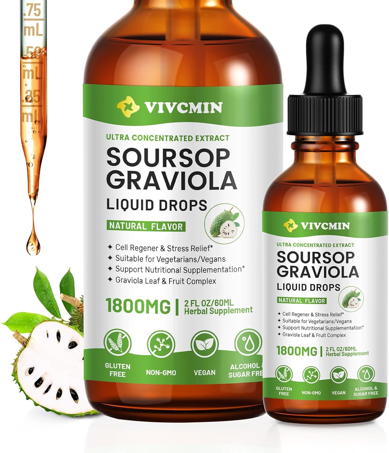 Graviola Soursop Leaf Extract Liquid - Soursop Bitters Liquid, Support Immune, Relax, Liver and Sleep, Sugar & Alcohol-Free, Highly Absorbable Formula, Original Flavor, 2 Fl Oz