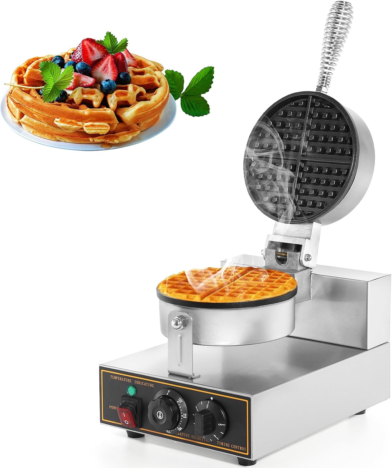 WICHEMI Commercial Waffle Maker 360 Flip Nonstick Rotating Waffle Iron Time Control Temperature Adjustable Stainless Steel Body 110V 1200W