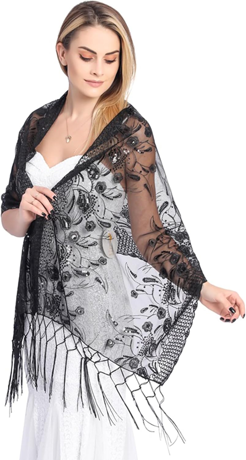 FAIRYGATE Wraps Ladies Lightweight Lace Scarf Shawl Wrap for Women Floral Scarves with Tassels Soft Elegant for Wedding Bridal Bridesmaids Parties Evening Dresses UC10