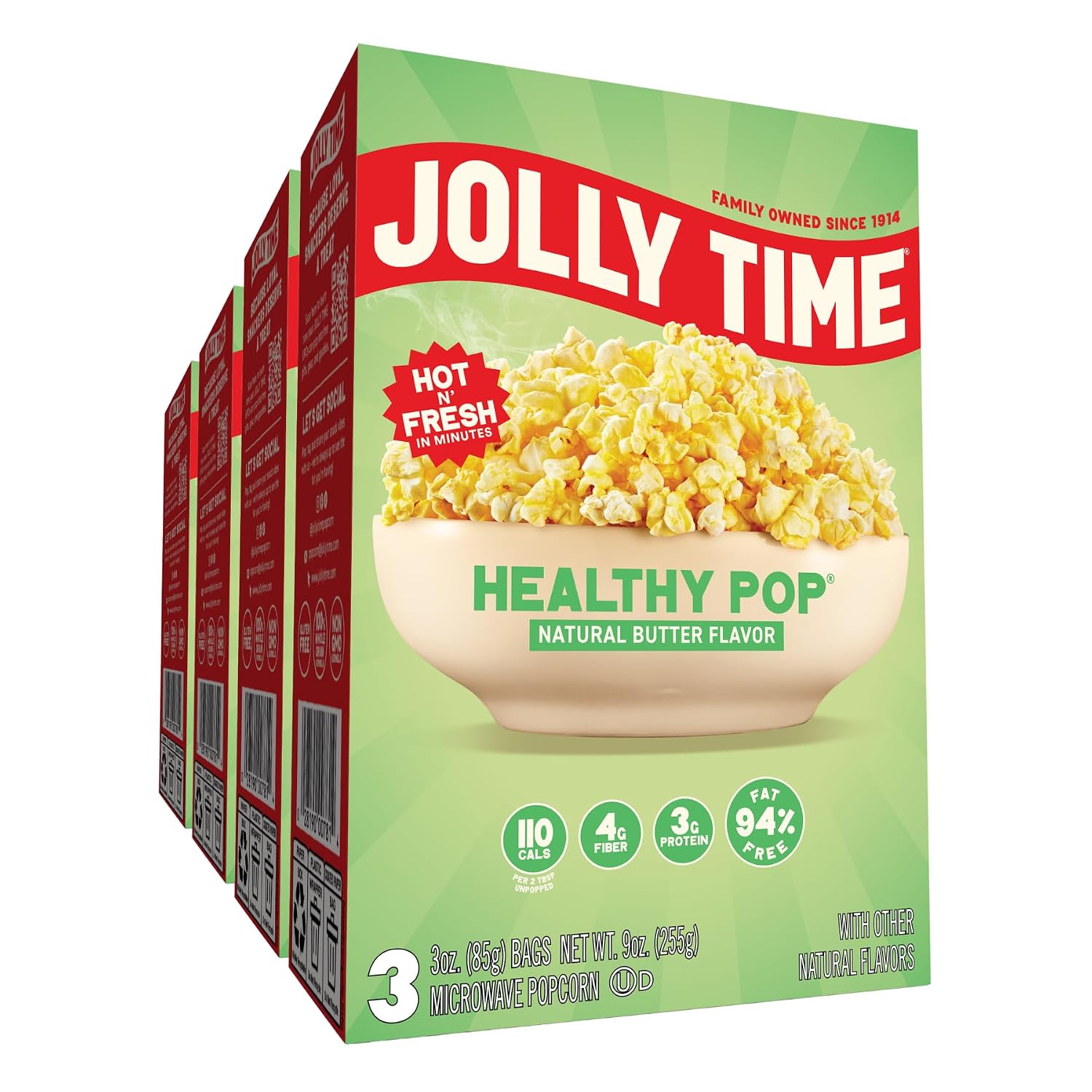 Jolly Time Healthy Pop Buttery Microwave Popcorn, Low Fat Gluten Free Non-GMO, 3oz Sharing Bag, 3 Bags Per Carton (Healthy Pop - Butter & Sea Salt, 3 Ounce (Pack of 12))