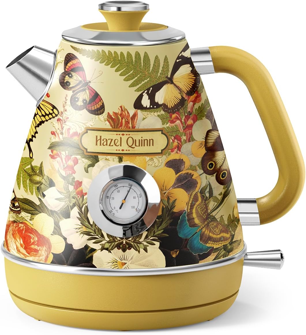 Hazel Quinn Retro Electric Kettle - 1.7L, 1200W Fast Boiling, All Stainless Steel Interior, Cordless, BPA-Free, Auto Shut-Off, Thermometer for Tea & Coffee - Floral Design by Artist Eduardo Recife