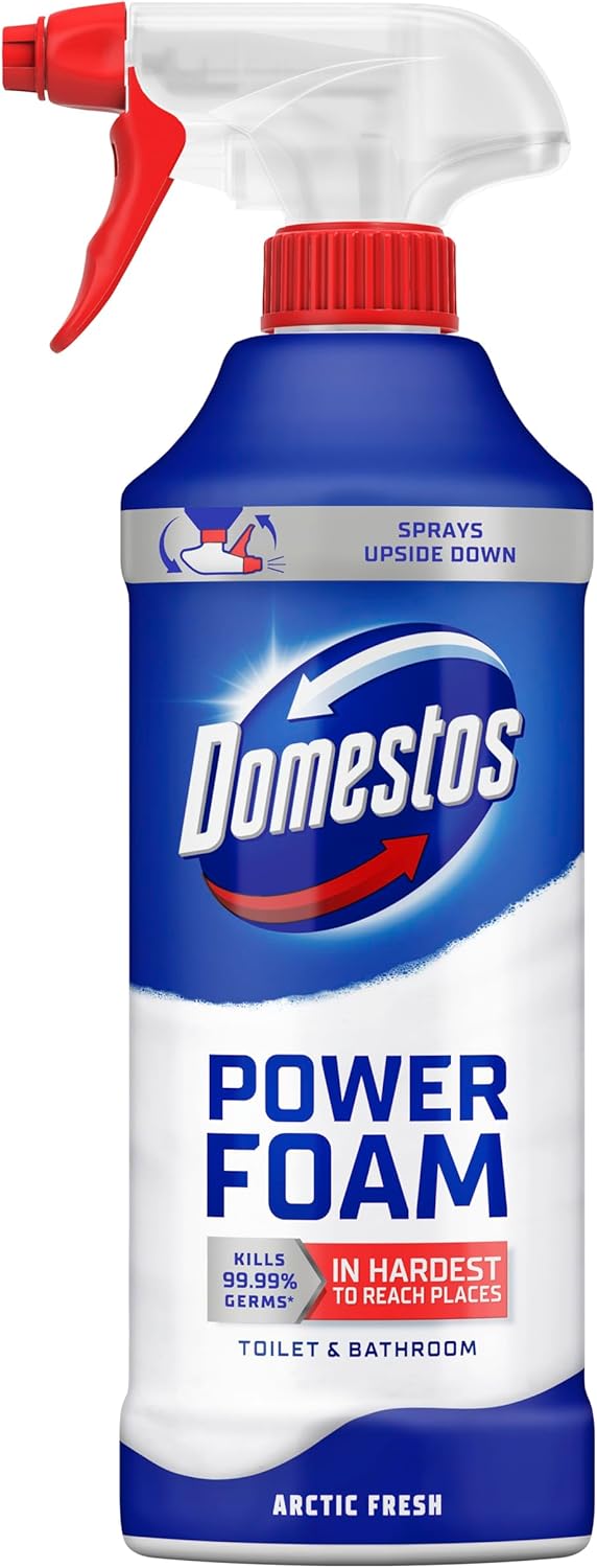 Domestos Power Foam Arctic Fresh Toilet & Bathroom Cleaner Spray sprays upside down & eliminates 99.99% of germs* for cleaning inside the toilet & around the bathroom 450 ml