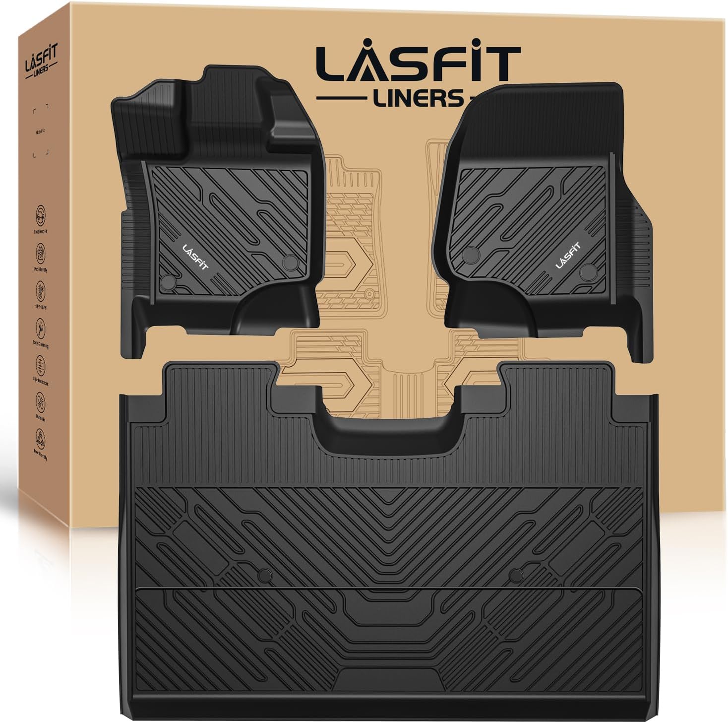 LASFIT Floor Mats for Ford F-150 2015-2025 | F150 Lightning 2022-2025 SuperCrew (Rear w/o Fold Flat Storage) Carpet Floor All Weather Car Liners TPE Truck Mats - Front and Rear Row, 3pcs Black