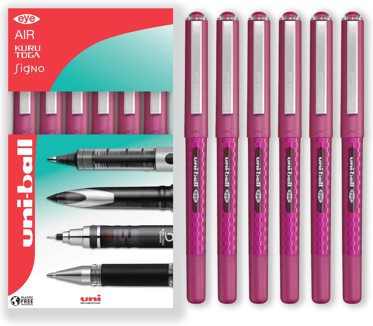 uni-ball EYE - UB-157D Liquid Ink Rollerball Pens - 0.7mm Nib - In Gift Box (Pack of 6, Wine Red)
