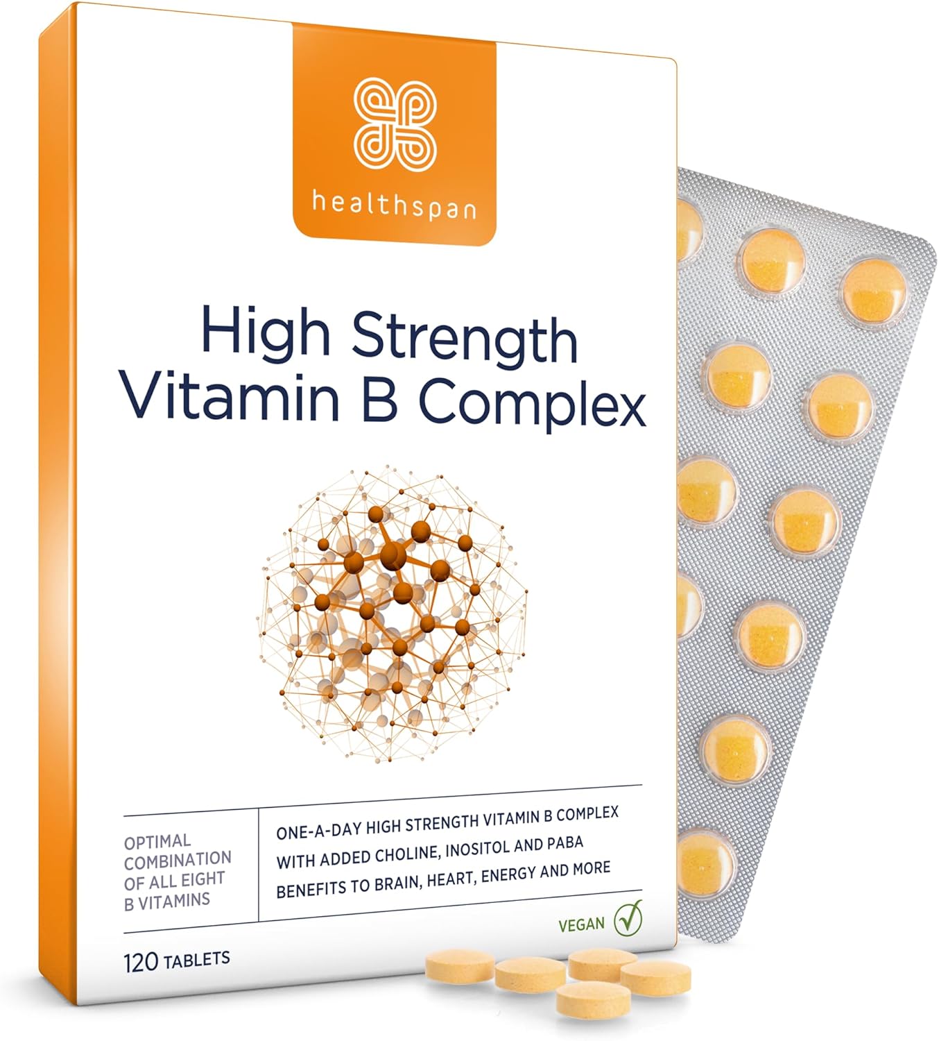 Healthspan High Strength Vitamin B Complex (120 Tablets) | High Levels of All 8 B-Complex Vitamins | Supports Brain & Heart Health | Immune Health | Reduces Tiredness & Fatigue | with Choline | Vegan