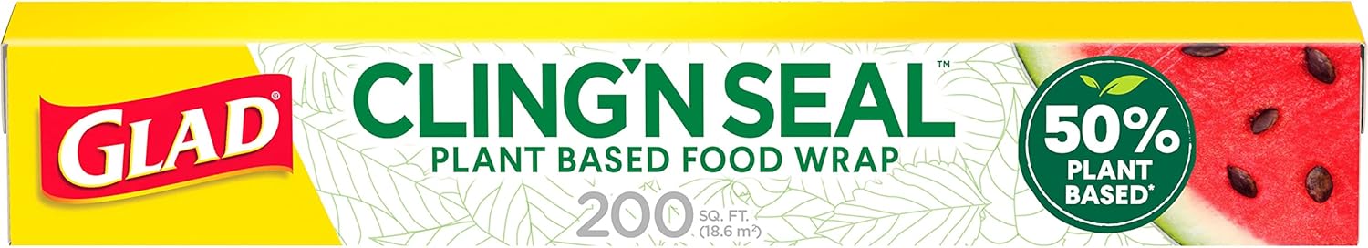 Glad 50% Plant-Based Cling N Seal Food Wrap, 200 Square Foot Roll (Package May Vary)