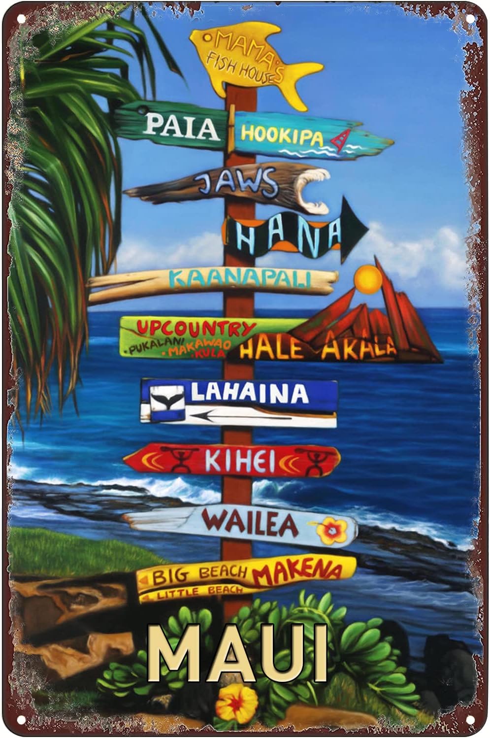 Vintage Metal Tin Signs - Beach Direction Sign All Ways Great on Maui Hawaiian Travel Poster - Wall Decor Plaque for Home Bar Pub Cafe Club 12x16 inhces