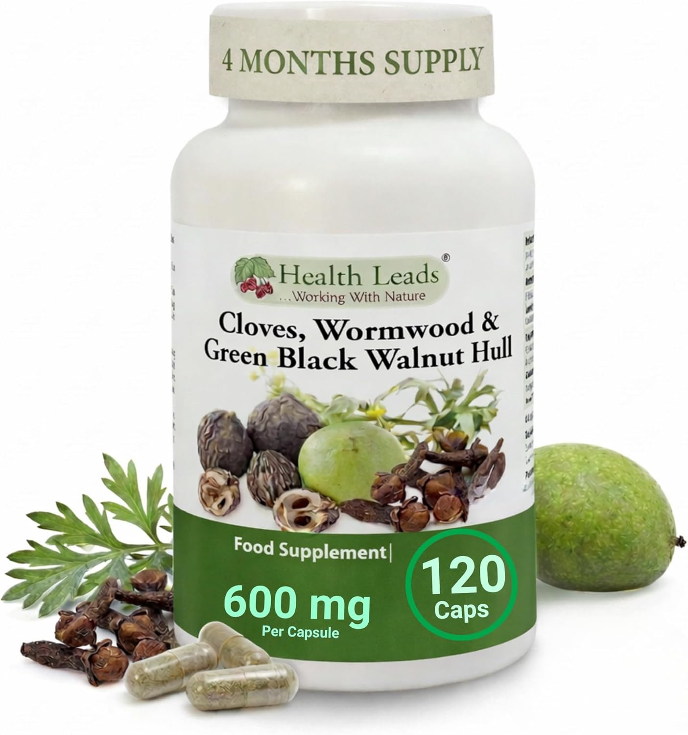 Wormwood Black Walnut and Clove Capsules 600mg Per Capsule – Triple Herbal Complex – Green Walnut Hull Extract – 120 Vegan Capsules (4 Month Supply, 1 Per Day)