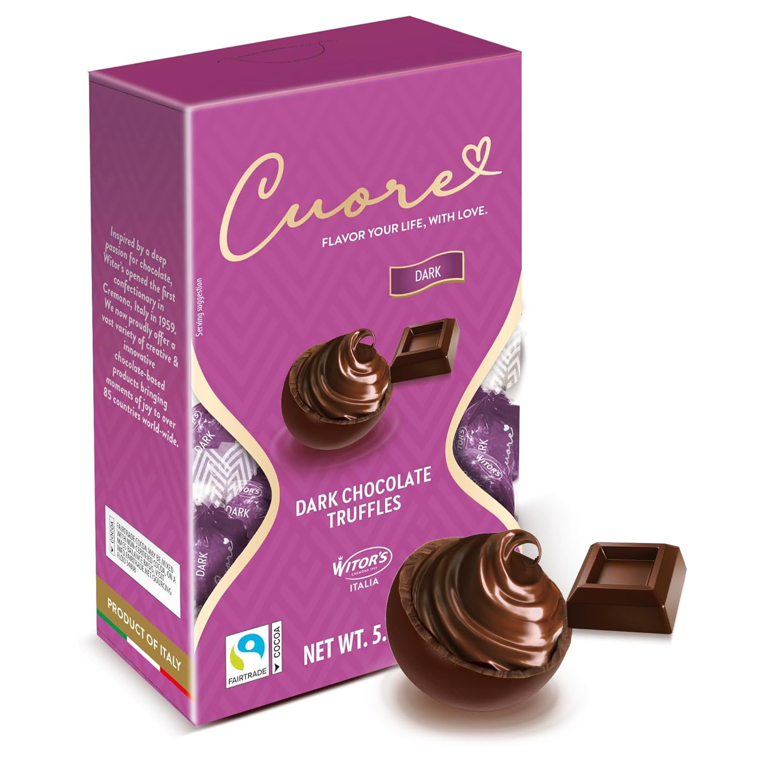 Witor's Chocolates, Cuore Chocolate Truffles with Creamy Filling, Italian Truffles, Made in Italy, Perfect for Gifting (5.11 oz, Dark Chocolate)