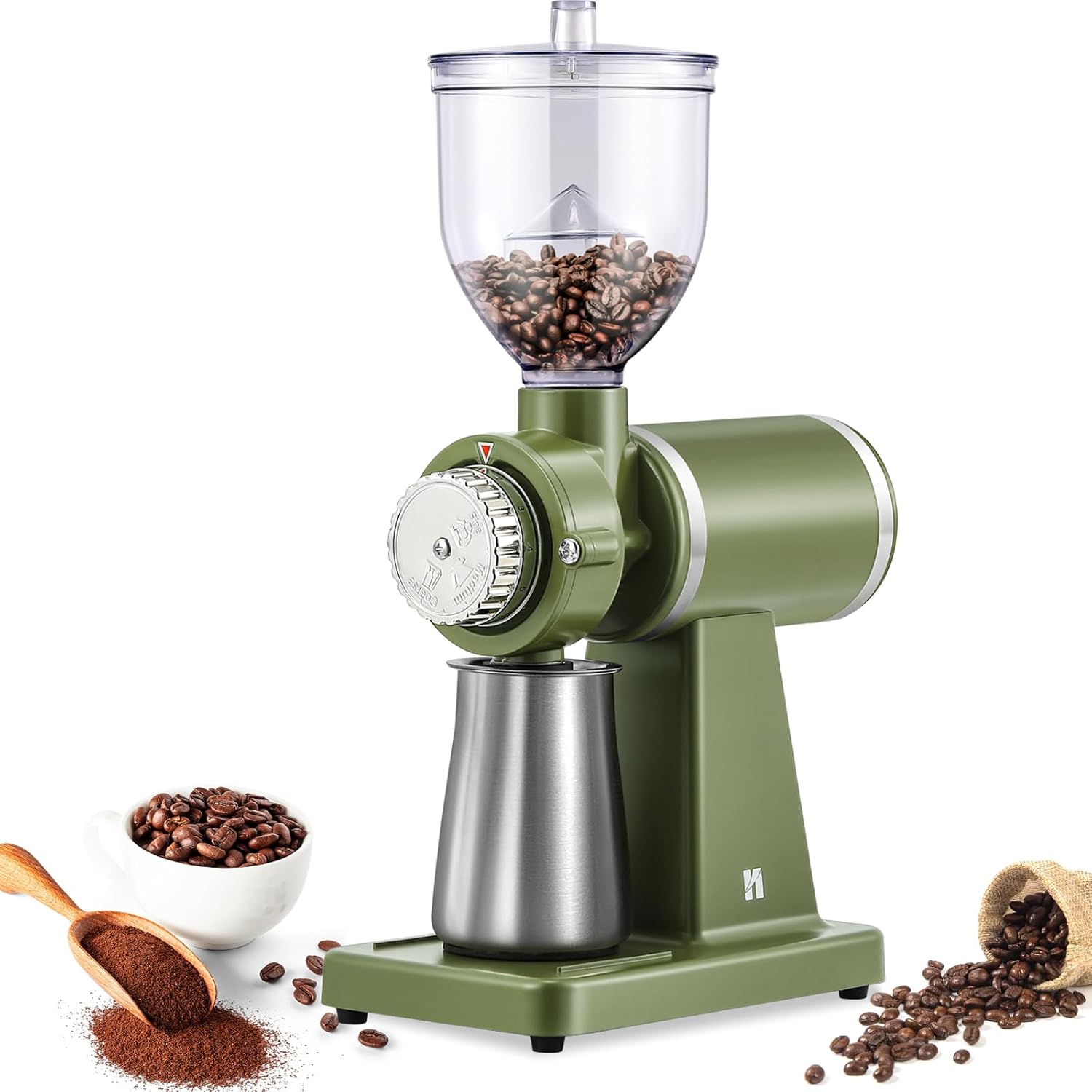 Huanyu Electric Coffee Bean Grinder 250G Commercial&Home Milling Grinding Machine 200W Automatic Burr Grinder Professional Miller 8 Fine - Coarse Grind Size Settings (Green)