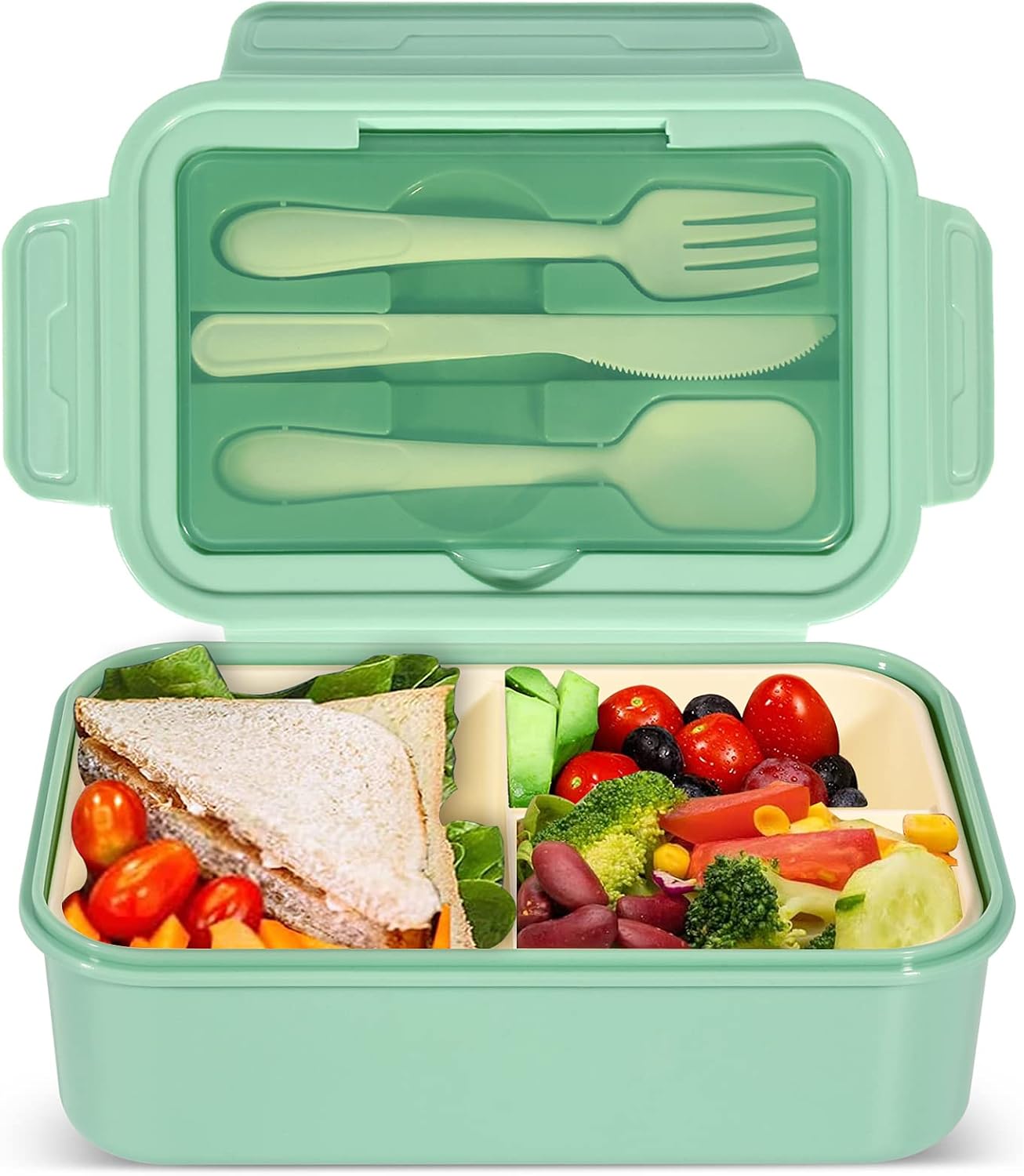 IJIAMY 1400ml Bento Lunch Box, Container with 3 Compartments, Cutlery, Dishwasher, BPA Free Sandwich Box for Adults and Kids,