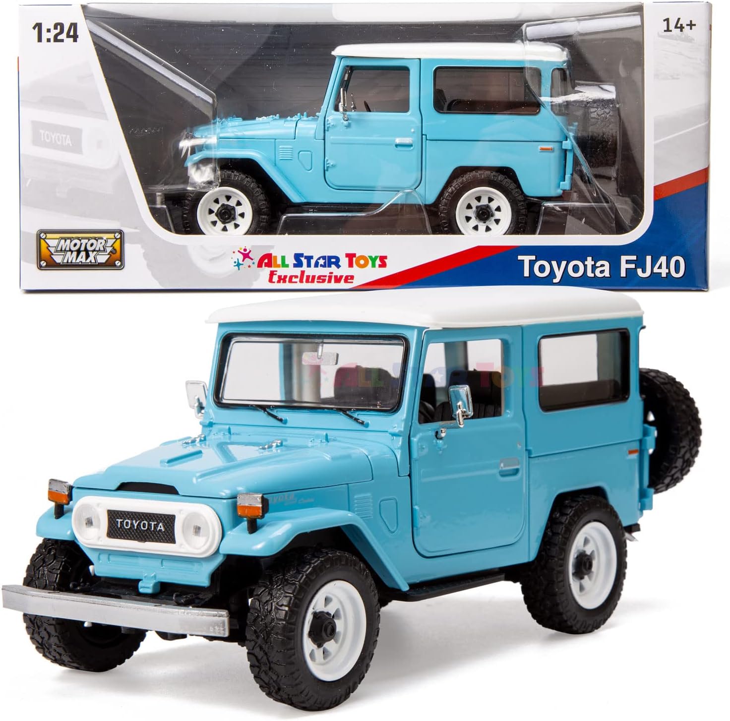 All Star Toys Toyota Land Cruiser FJ40 Sky Blue with Custom Off-Road Wheels 1/24 Diecast Model by Motormax 79323 Exclusive FJ Cruiser J40