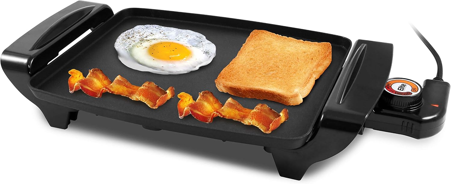 Elite Gourmet EGR-2722B Electric Griddle, Cool-Touch, 10.5"x8.5" Black | Non-Stick Surface, Removable/Adjustable Thermostat, Skid-Free Rubber Feet, Great for Pancakes, Eggs & Bacon