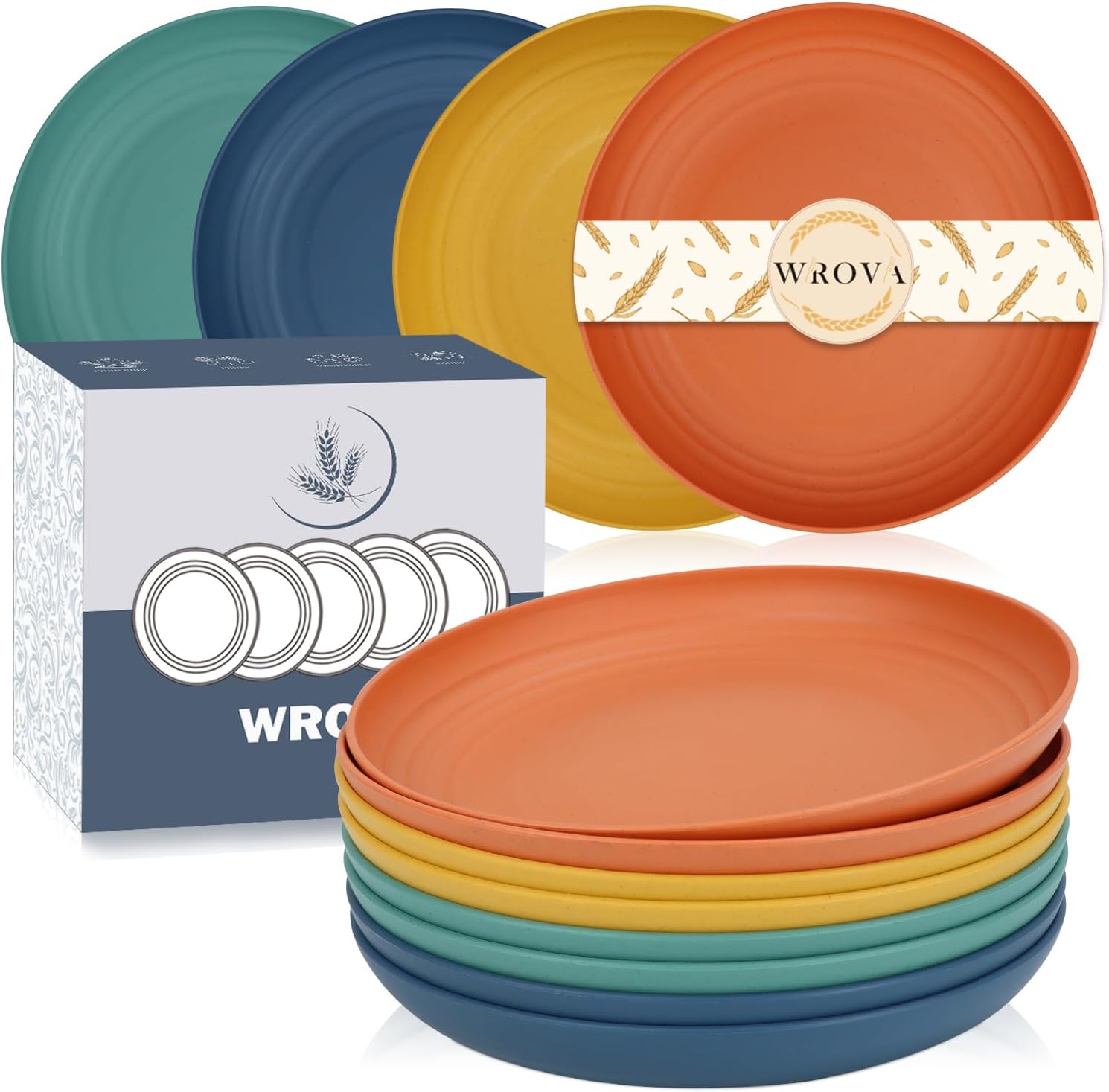 Wrova Plastic Plates Reusable Set of 8 Unbreakable Plate 9 Inch Dinner Plate - Dishwasher & Microwave Safe - Lightweight Plates for Kitchen & Outdoor (Vivid Mix)