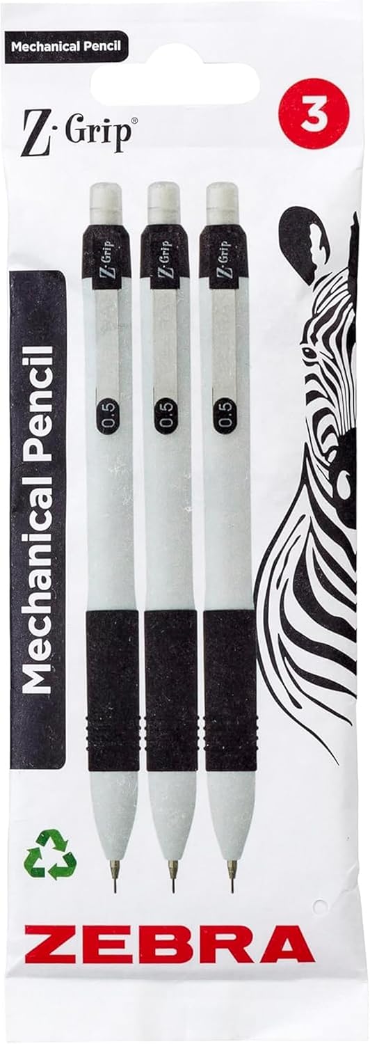 Zebra Pen Z-Grip Mechanical Pencils - Fine Tip Refillable, Retractable Pencil with Eraser and Comfort Grip - 0.5mm, White Barrel, 3 Pack